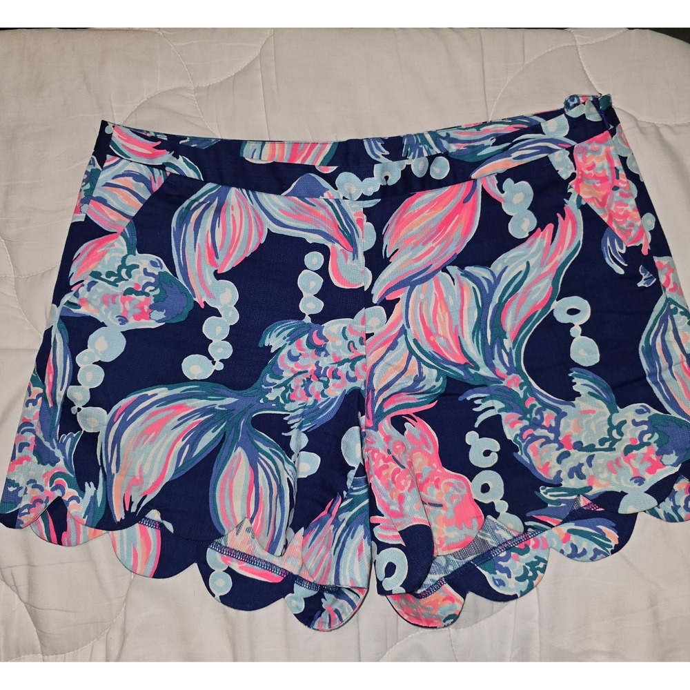 LILLY PULITZER turquoise Navy Blue Pink Floral Cotton Scalloped Hem  Shorts 00